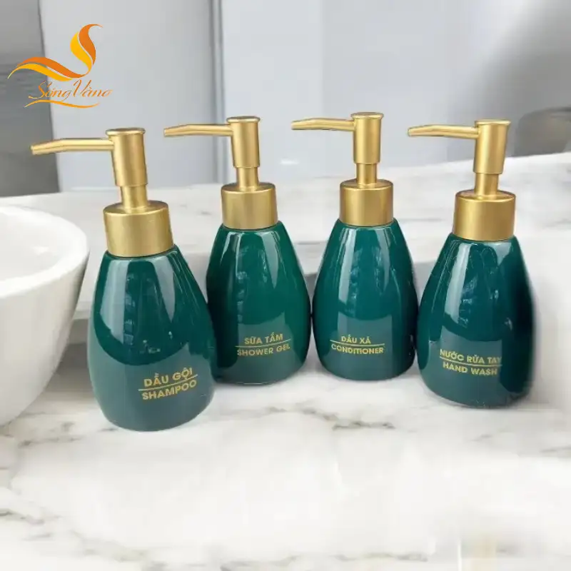 Bộ Bình Gốm Sứ Bát Tràng Dáng Xoài XL Đựng Dầu Gội, Sữa Tắm, Dầu Xả, Nước Rửa Tay